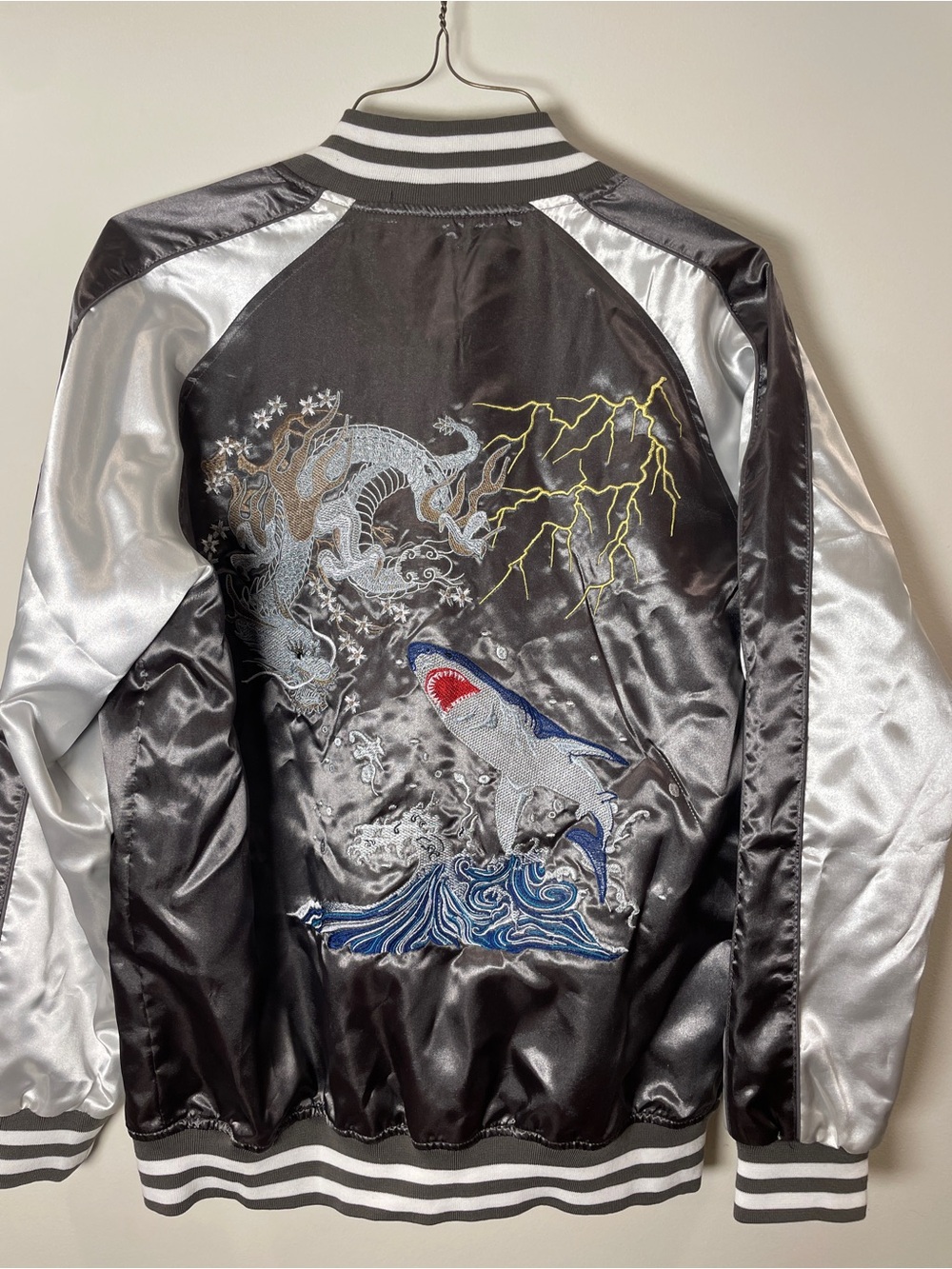 Japanese Sukajan Shark Dragon Reversible Style Satin Jacket 3L NWT Gray